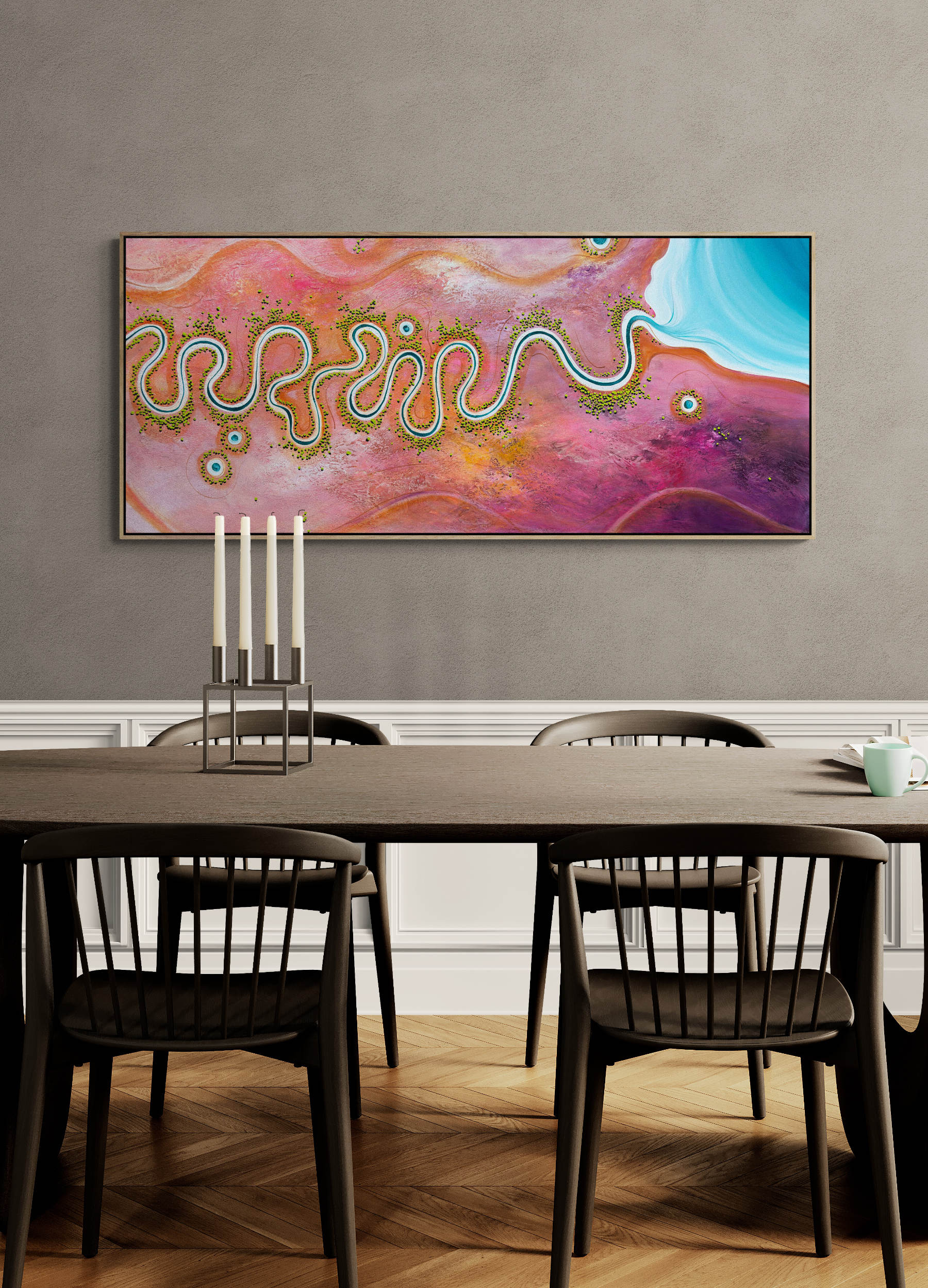 The Earth in Full Song by Australian artist Tania Chanter, 160x70cm, original aerial abstract landscape, acrylic on canvas. 