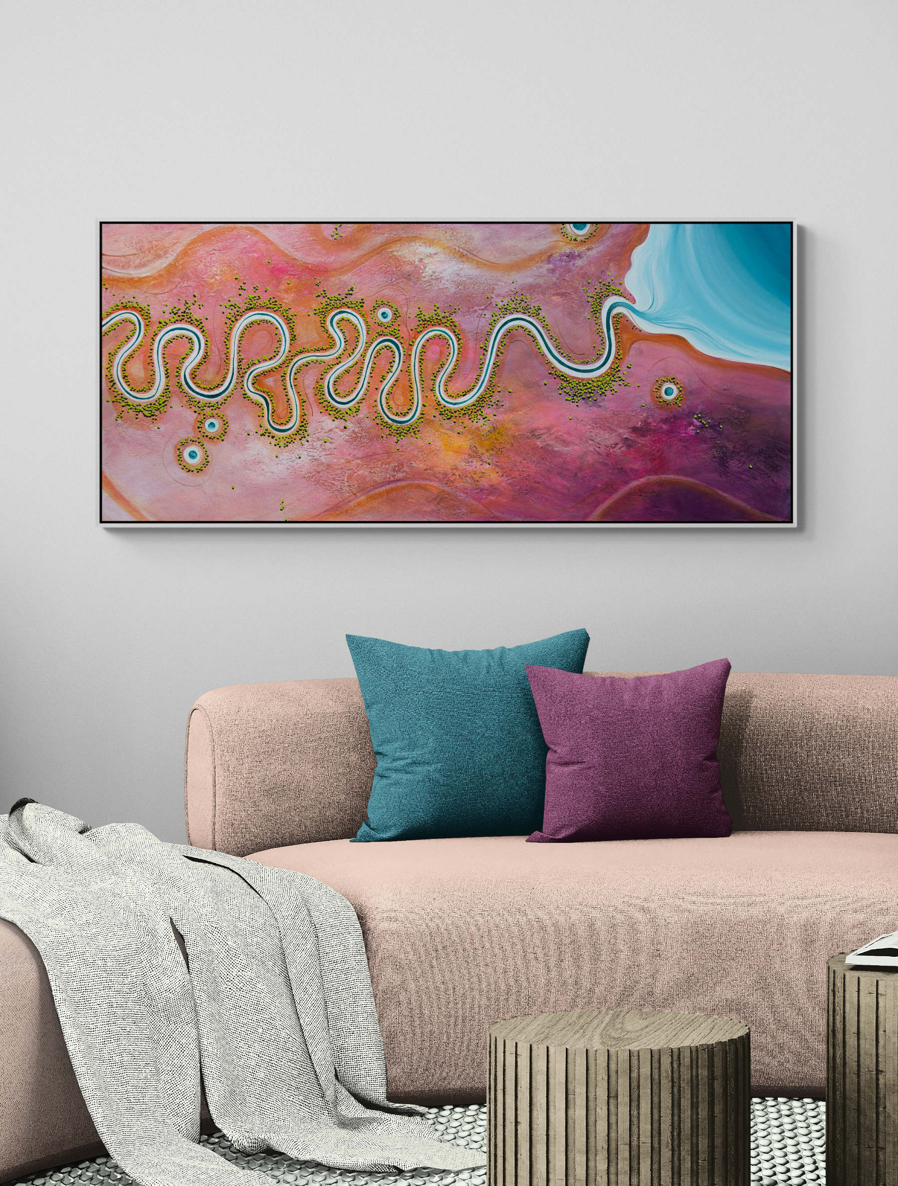 The Earth in Full Song by Australian artist Tania Chanter, 160x70cm, original aerial abstract landscape, acrylic on canvas. 