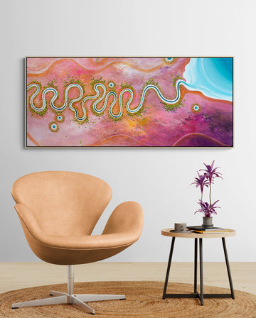 The Earth in Full Song by Australian artist Tania Chanter, 160x70cm, original aerial abstract landscape, acrylic on canvas. 