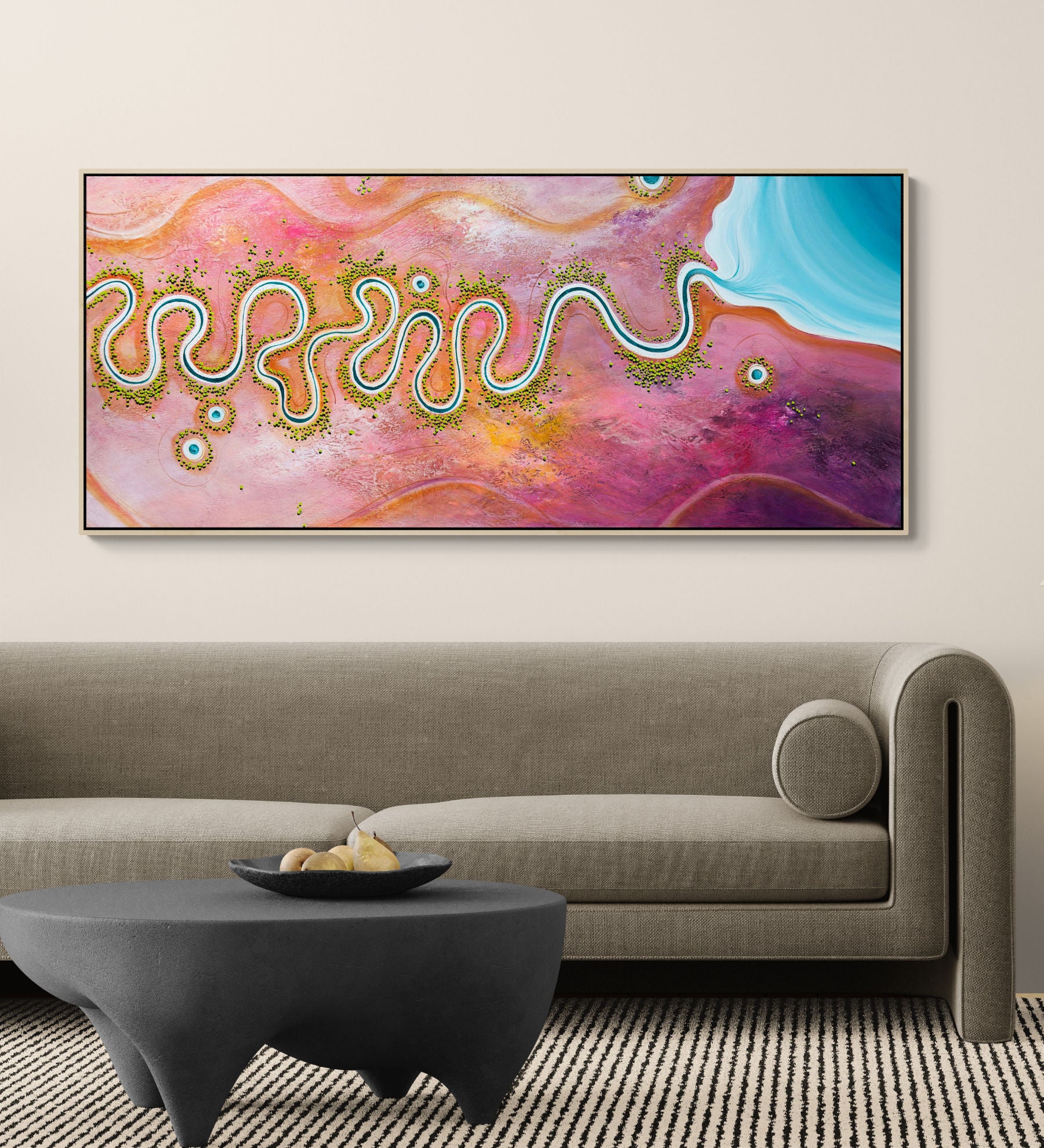 The Earth in Full Song by Australian artist Tania Chanter, 160x70cm, original aerial abstract landscape, acrylic on canvas. 