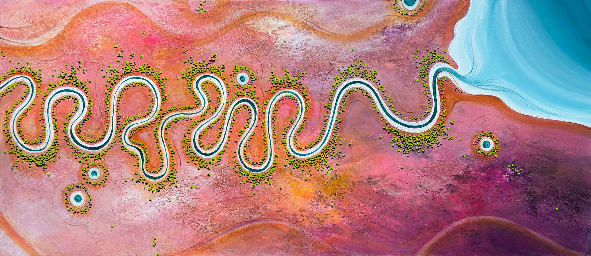 The Earth in Full Song by Australian artist Tania Chanter, 160x70cm, original aerial abstract landscape, acrylic on canvas. 