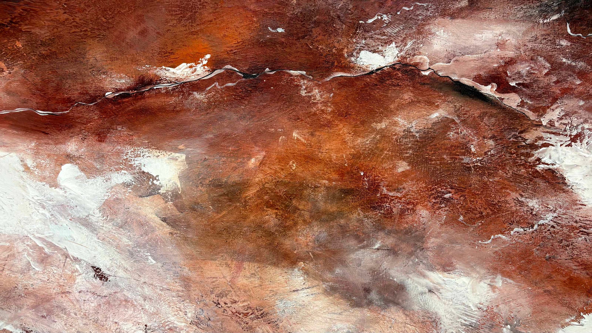 Close up of layers, detail and texture on The Gentle Divide by Australian artist Tania Chanter, 180x90cm, original, acrylic on canvas, abstract textured aerial landscape.