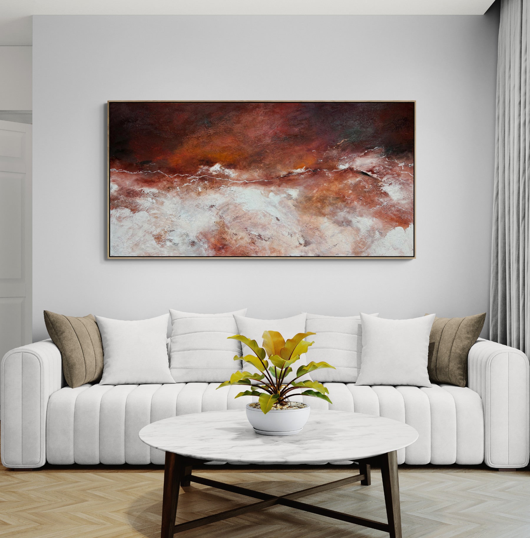 The Gentle Divide by Australian artist Tania Chanter, 180x90cm, original, acrylic on canvas, abstract textured aerial landscape.