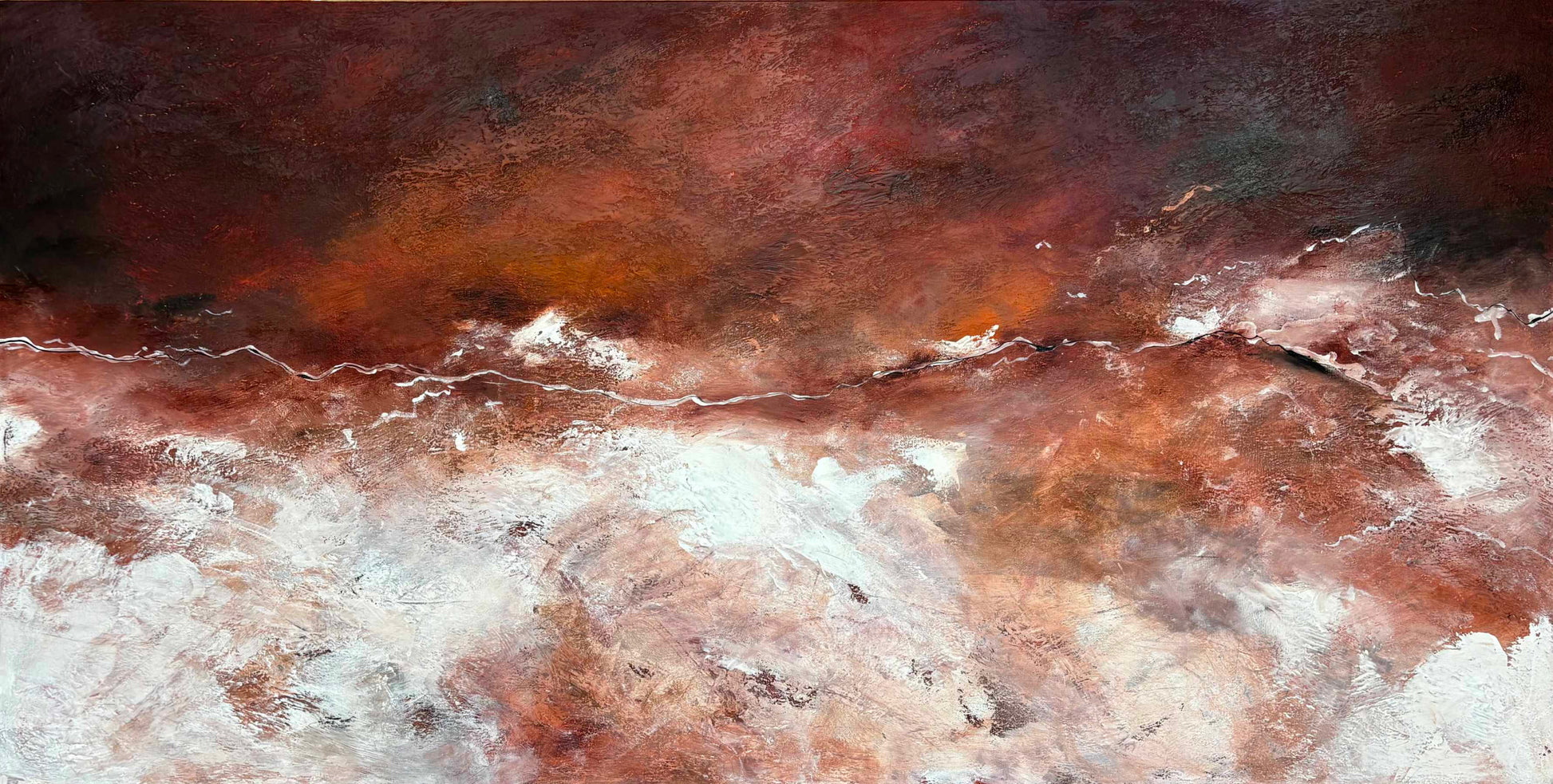 The Gentle Divide by Australian artist Tania Chanter, 180x90cm, original, acrylic on canvas, abstract textured aerial landscape.