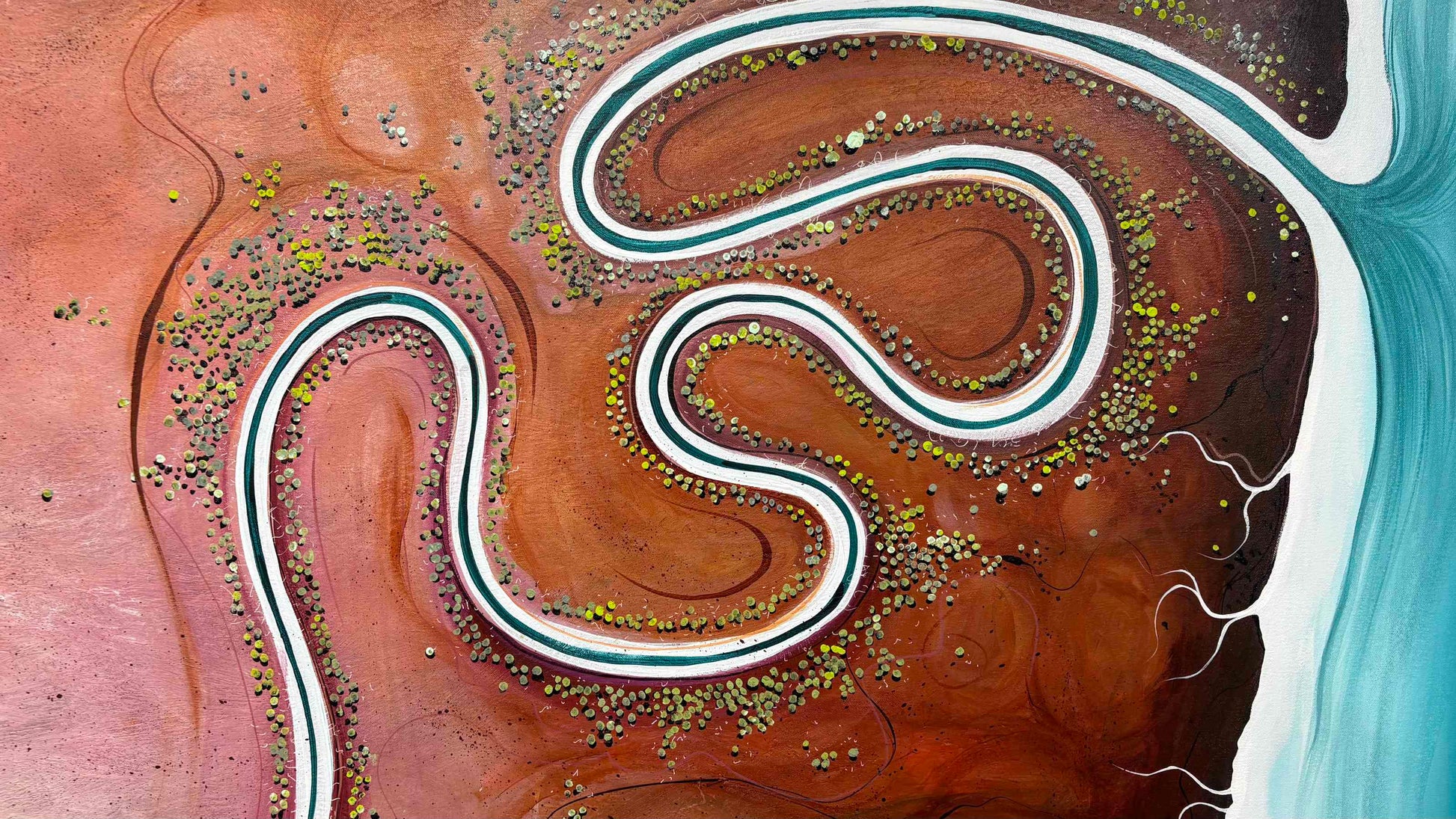 Close up of layers, detail and texture on "The Gentle Path," an original textured abstract aerial landscape painting by Australian artist Tania Chanter, acrylic on canvas, 180x120cm.
