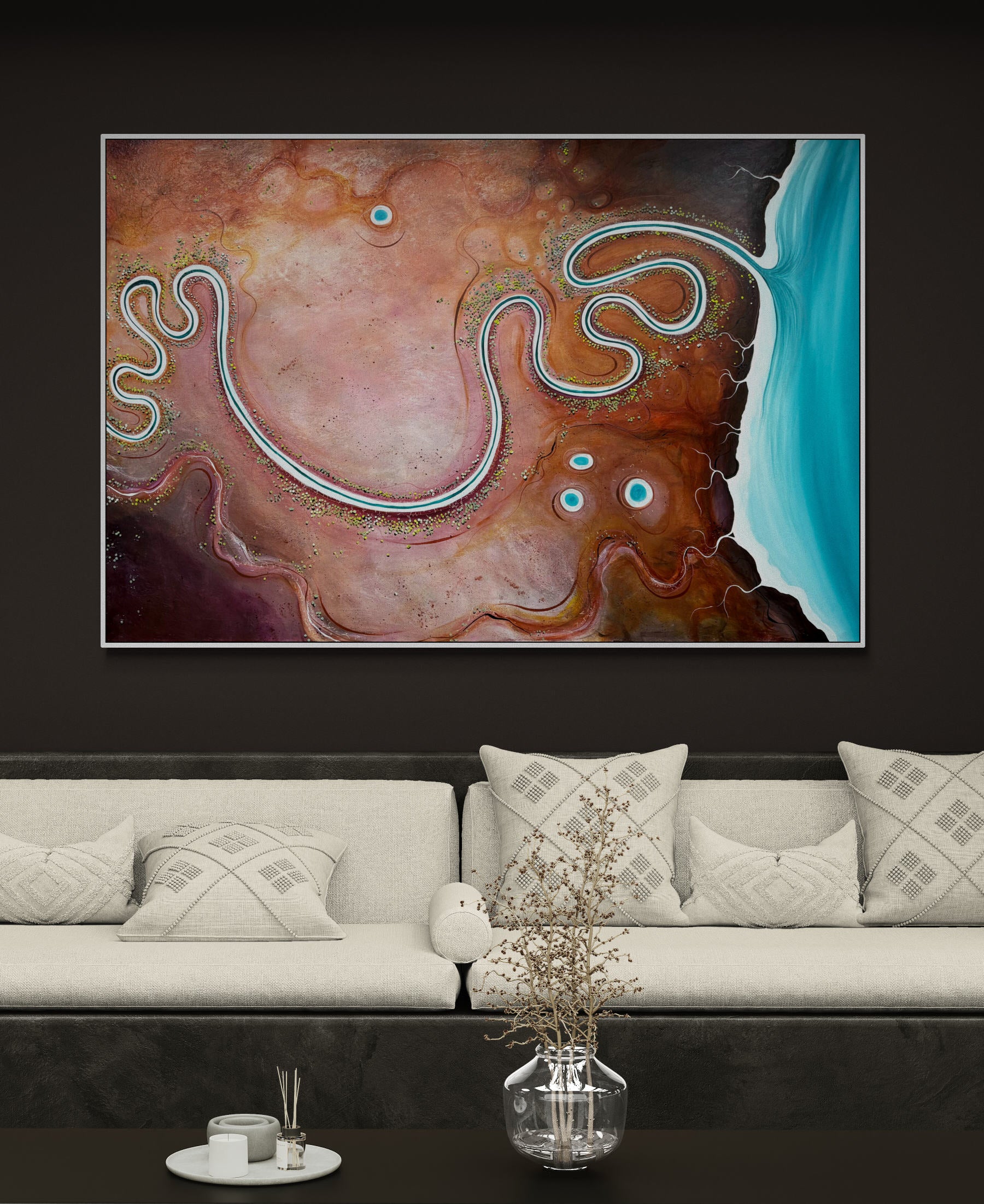 "The Gentle Path," an original textured abstract aerial landscape painting by Australian artist Tania Chanter, acrylic on canvas, 180x120cm.
