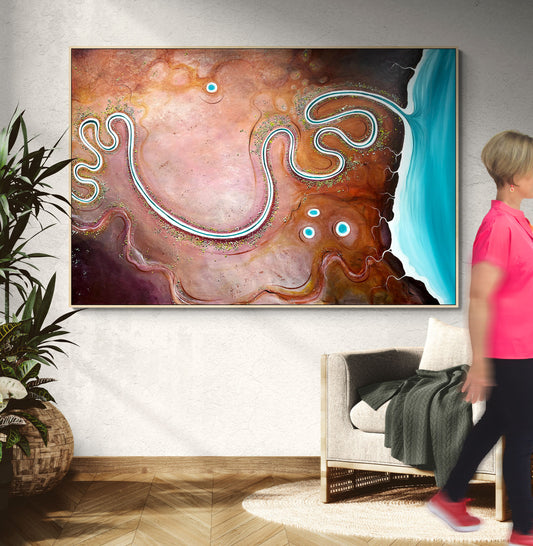 "The Gentle Path," an original textured abstract aerial landscape painting by Australian artist Tania Chanter, acrylic on canvas, 180x120cm.

