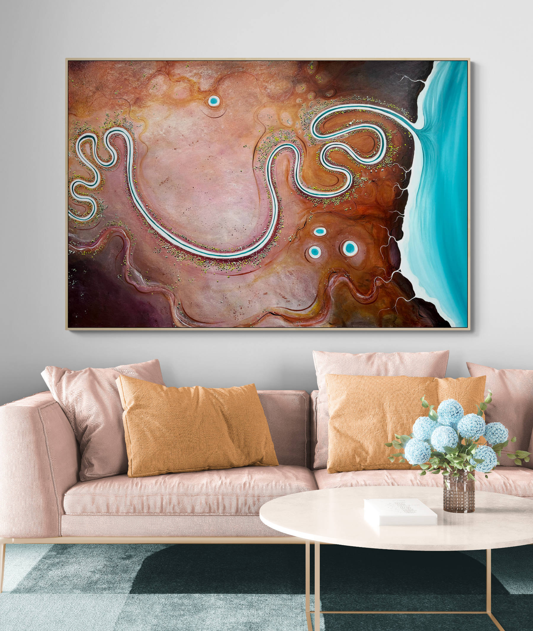 "The Gentle Path," an original textured abstract aerial landscape painting by Australian artist Tania Chanter, acrylic on canvas, 180x120cm.
