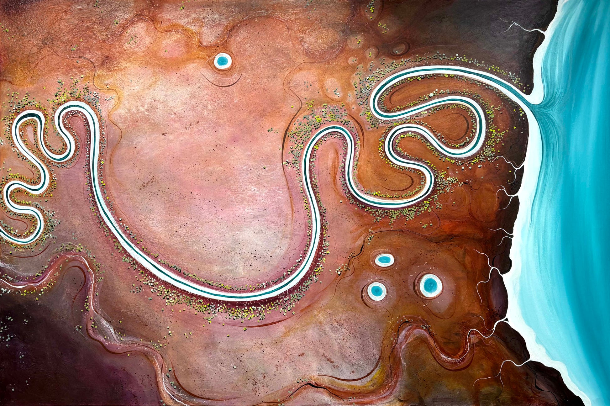 "The Gentle Path," an original textured abstract aerial landscape painting by Australian artist Tania Chanter, acrylic on canvas, 180x120cm.
