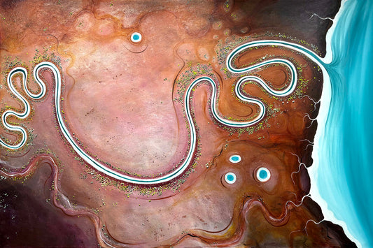 "The Gentle Path," an original textured abstract aerial landscape painting by Australian artist Tania Chanter, acrylic on canvas, 180x120cm.
