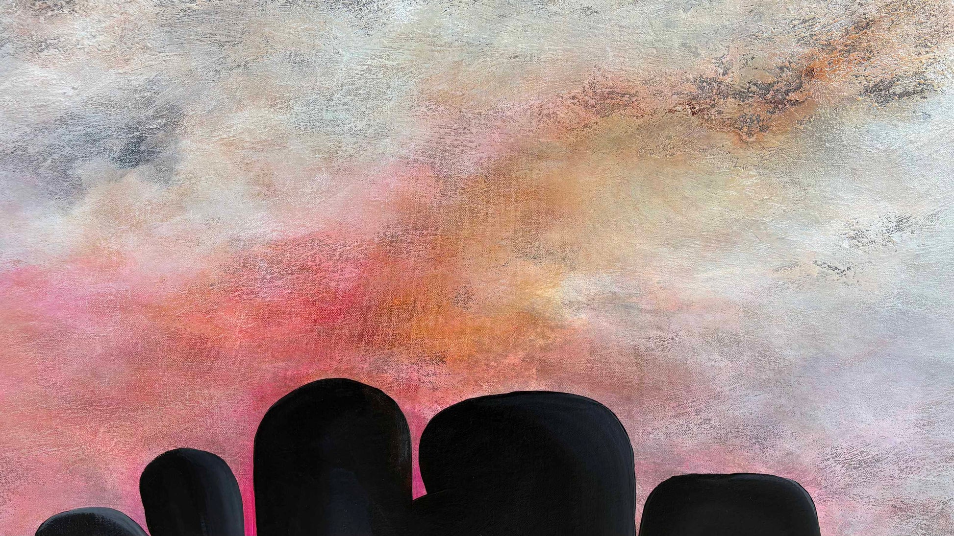 Close up of layers, detail and texture on The Glow Of Hope by Australian artist Tania Chanter, acrylic on canvas, 140x100cm, abstract cloudscape. 
