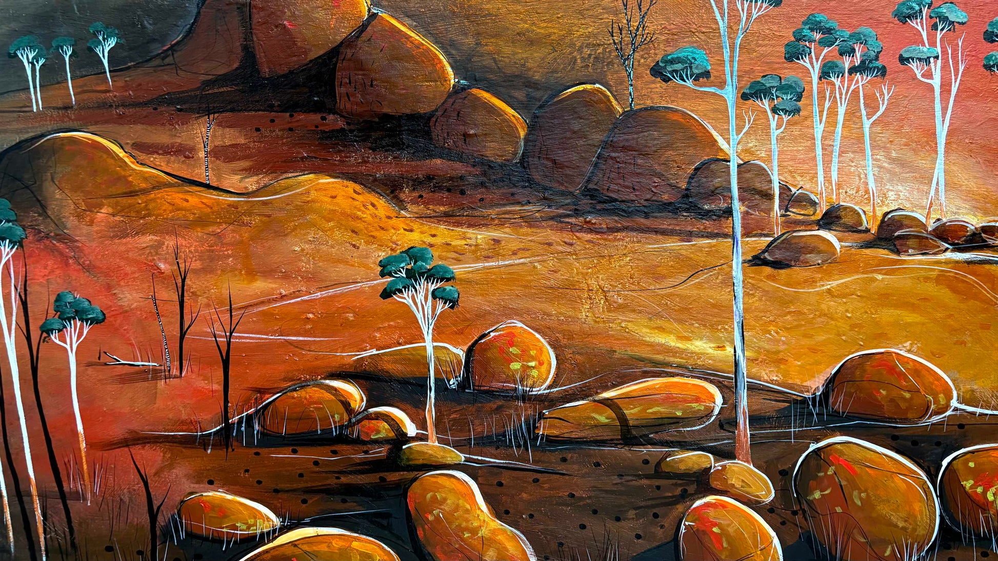 Close up of layers detail and texture on The Hill Of Hope by Australian artist Tania Chanter, acrylic on canvas, abstract landscape, 110x110cm.
