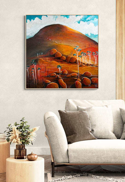 The Hill Of Hope by Australian artist Tania Chanter, acrylic on canvas, abstract landscape, 110x110cm.
