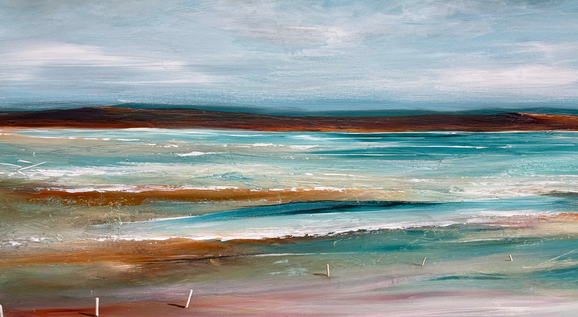 Close up of layers, detail and texture on The Horizon's Embrace by Australian artist Tania Chanter, 180x90cm, original one-off, acrylic on canvas, textured abstract seascape.