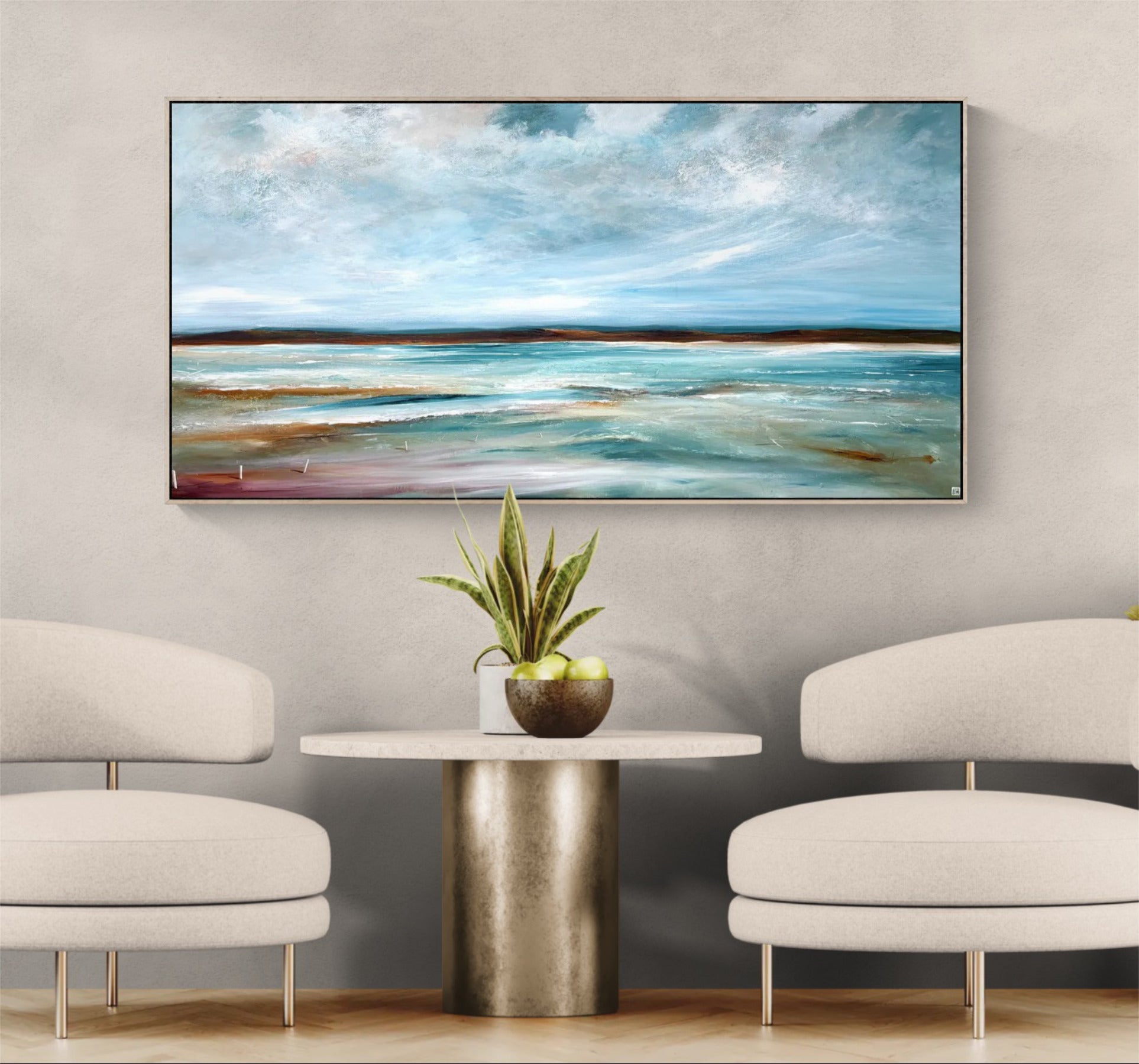 The Horizon's Embrace by Australian artist Tania Chanter, 180x90cm, original one-off, acrylic on canvas, textured abstract seascape.