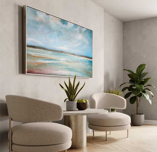 The Horizon's Embrace by Australian artist Tania Chanter, 180x90cm, original one-off, acrylic on canvas, textured abstract seascape.