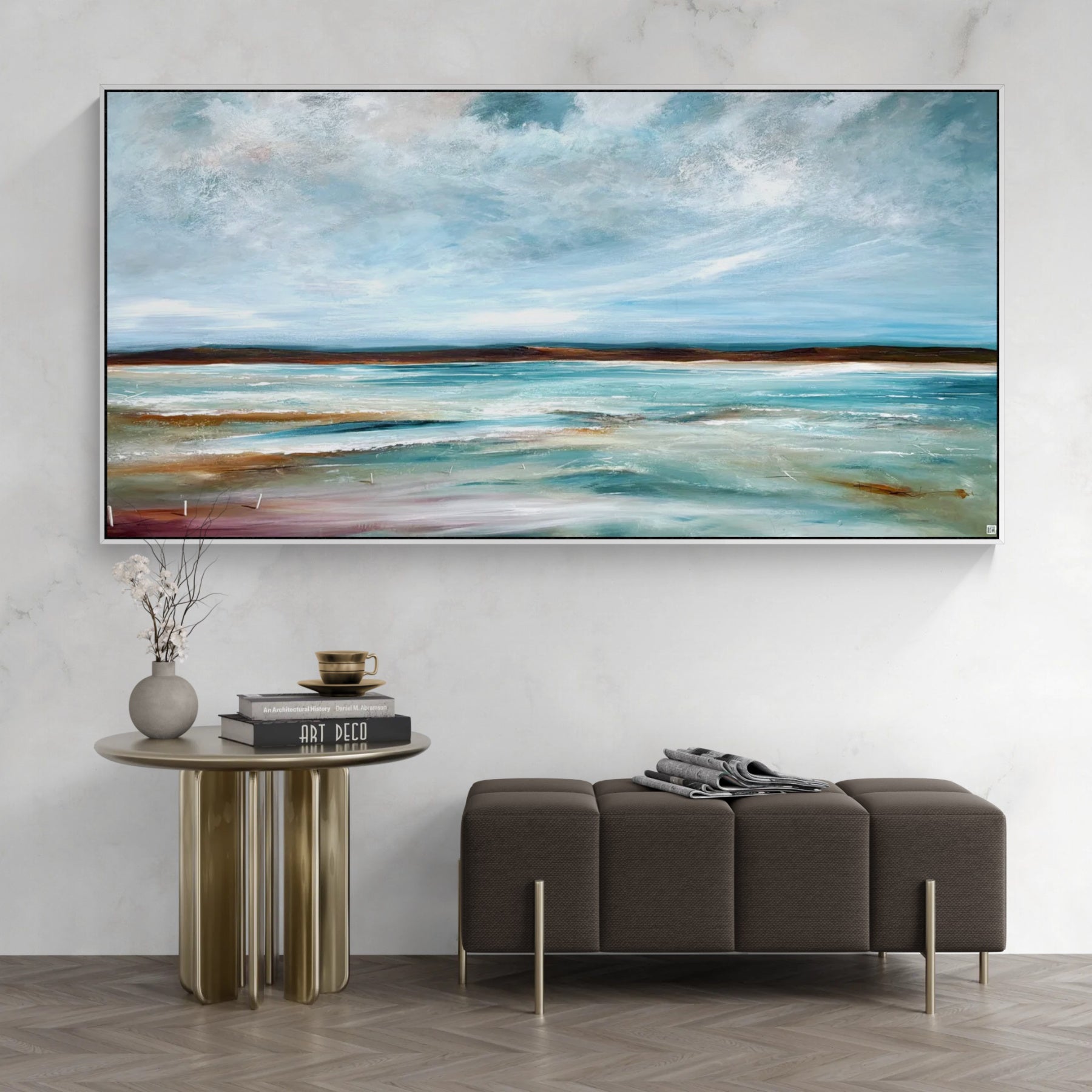The Horizon's Embrace by Australian artist Tania Chanter, 180x90cm, original one-off, acrylic on canvas, textured abstract seascape.
