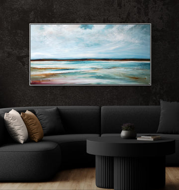 The Horizon's Embrace by Australian artist Tania Chanter, 180x90cm, original one-off, acrylic on canvas, textured abstract seascape.