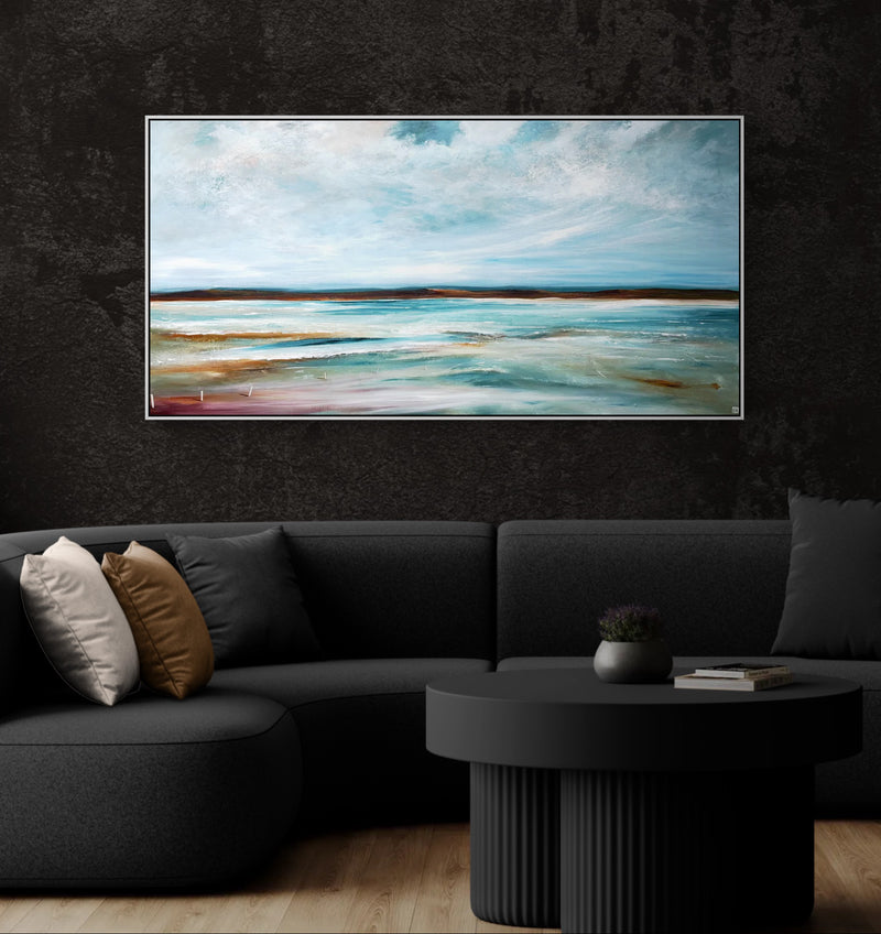 The Horizon's Embrace by Australian artist Tania Chanter, 180x90cm, original one-off, acrylic on canvas, textured abstract seascape.