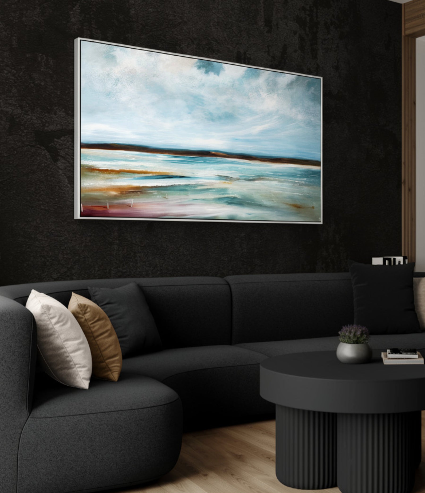 The Horizon's Embrace by Australian artist Tania Chanter, 180x90cm, original one-off, acrylic on canvas, textured abstract seascape.