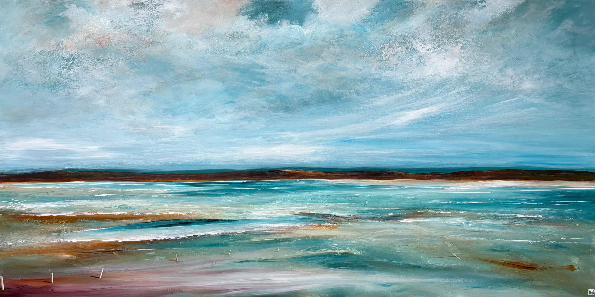 The Horizon's Embrace by Australian artist Tania Chanter, 180x90cm, original one-off, acrylic on canvas, textured abstract seascape.