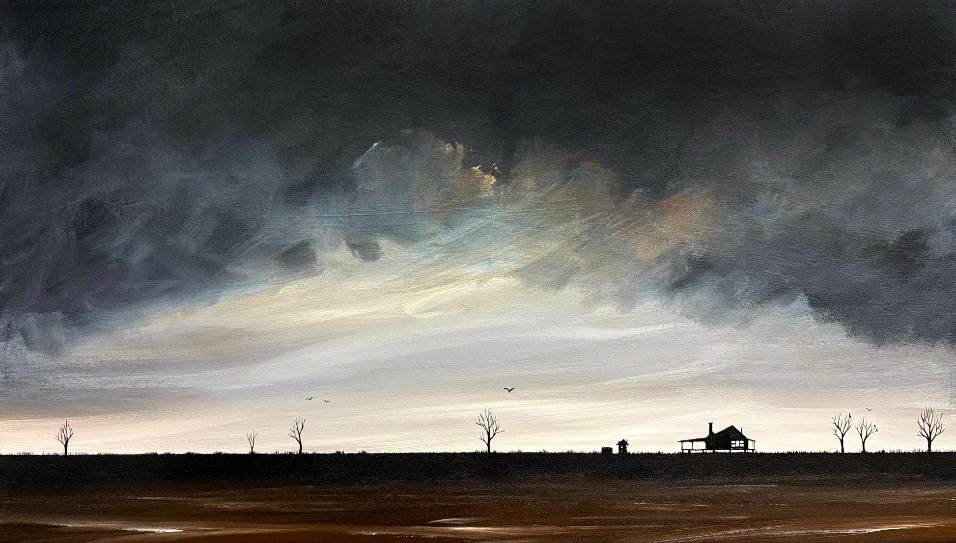 Heavy textured acrylic detail from The Keeper Of Calm, revealing layered brushwork and subtle tonal variations in the illuminated cloud. Detail of the rural farmhouse and silhouetted trees beneath a beam of light in The Keeper Of Calm, an original Australian landscape by Tania Chanter.