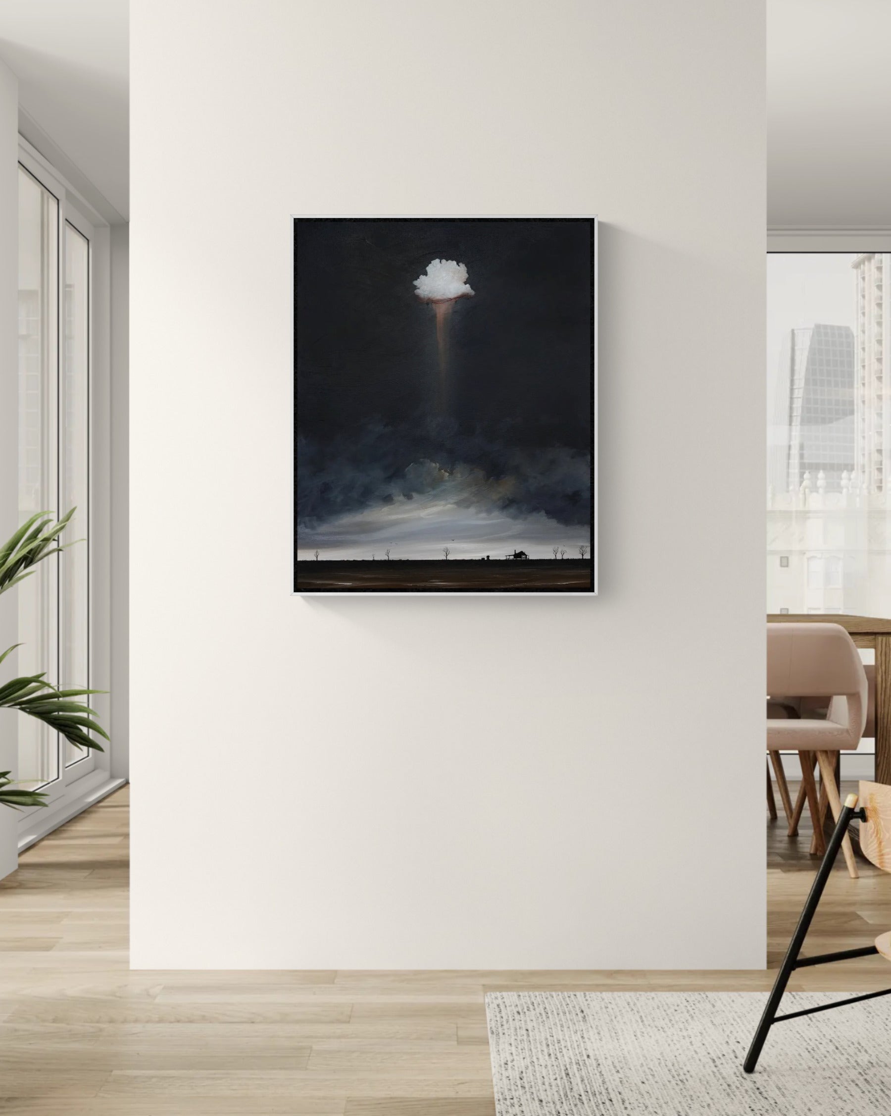 Original acrylic landscape painting, The Keeper Of Calm, with a glowing white cloud casting light over a peaceful country home and expansive Australian horizon.
