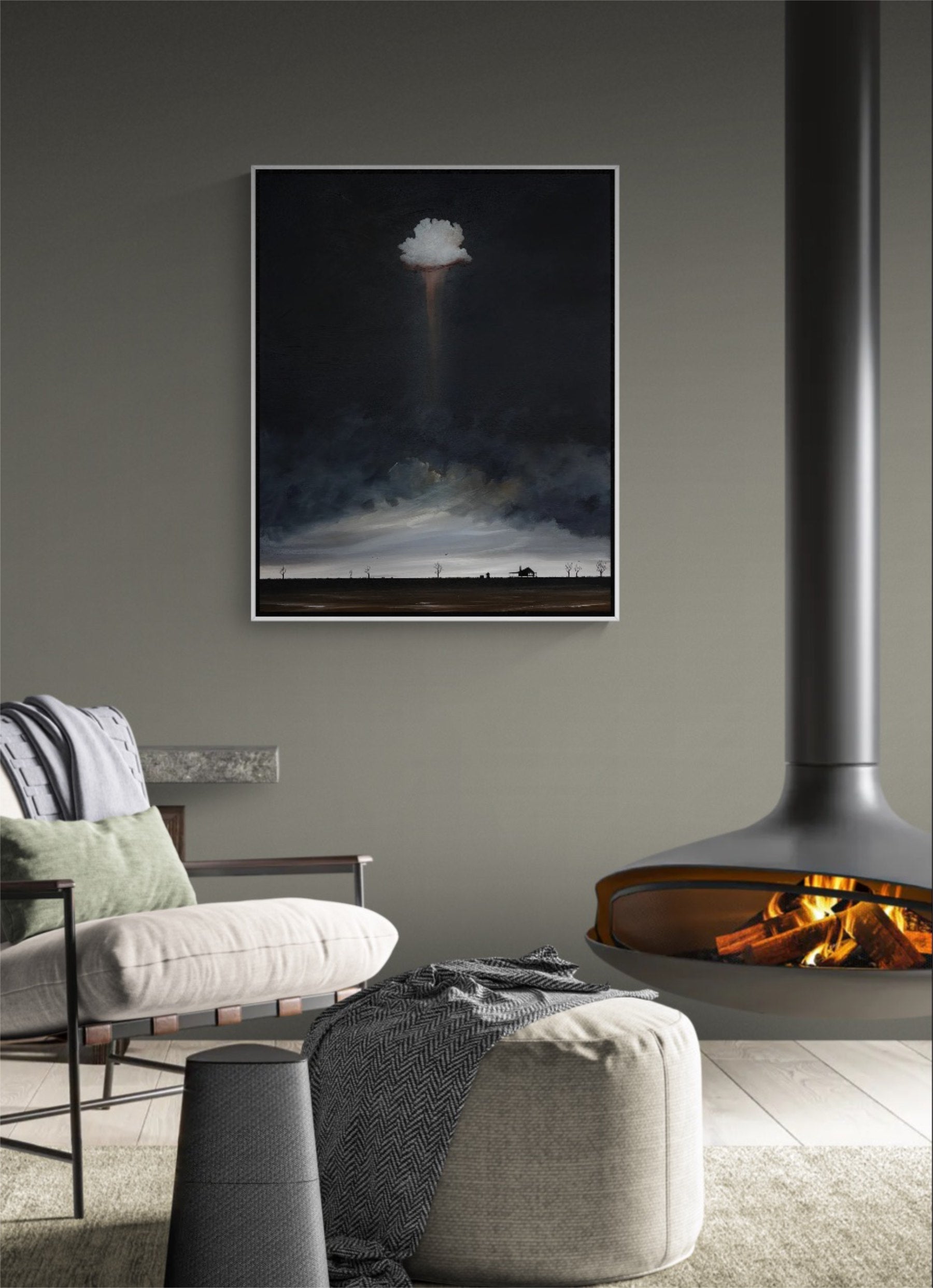 Original acrylic landscape painting, The Keeper Of Calm, with a glowing white cloud casting light over a peaceful country home and expansive Australian horizon.
