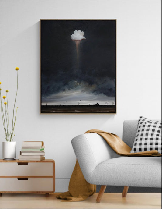 The Keeper Of Calm by Tania Chanter styled in a contemporary living room, featuring a dramatic cloudscape and tranquil Australian rural landscape.