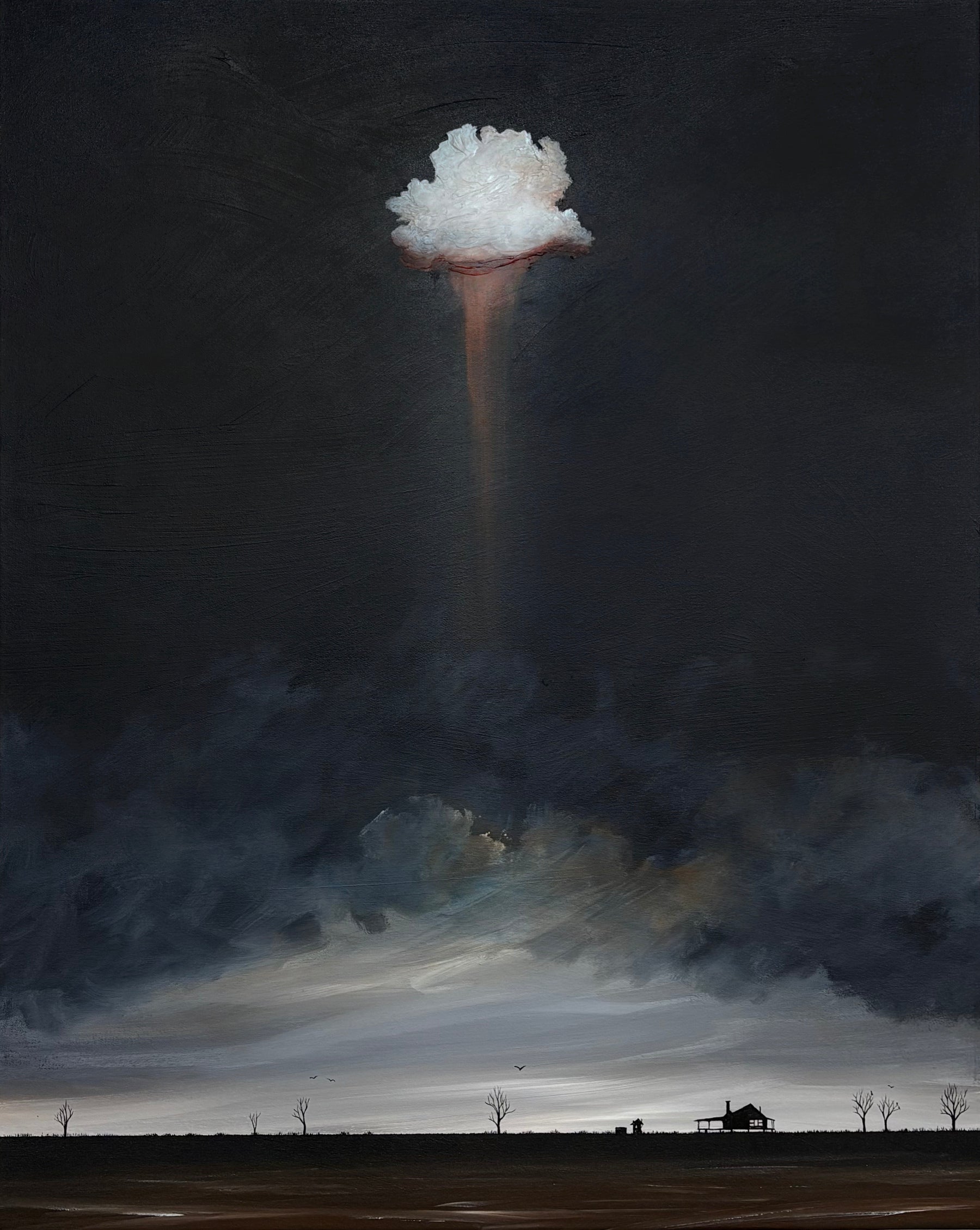 The Keeper Of Calm by Tania Chanter, original contemporary Australian landscape painting featuring a solitary illuminated cloud above a quiet rural farmhouse beneath a dramatic dark sky.