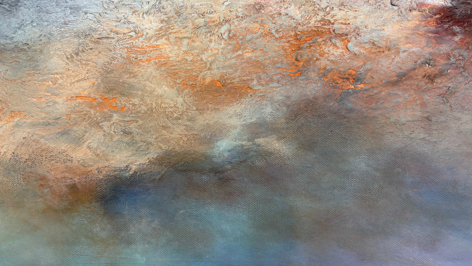 Close up of layers, detail and texture on The Kiss Of Summer by Australian artist Tania Chanter, original, acrylic on canvas, 40x50cm, textured abstract landscape.