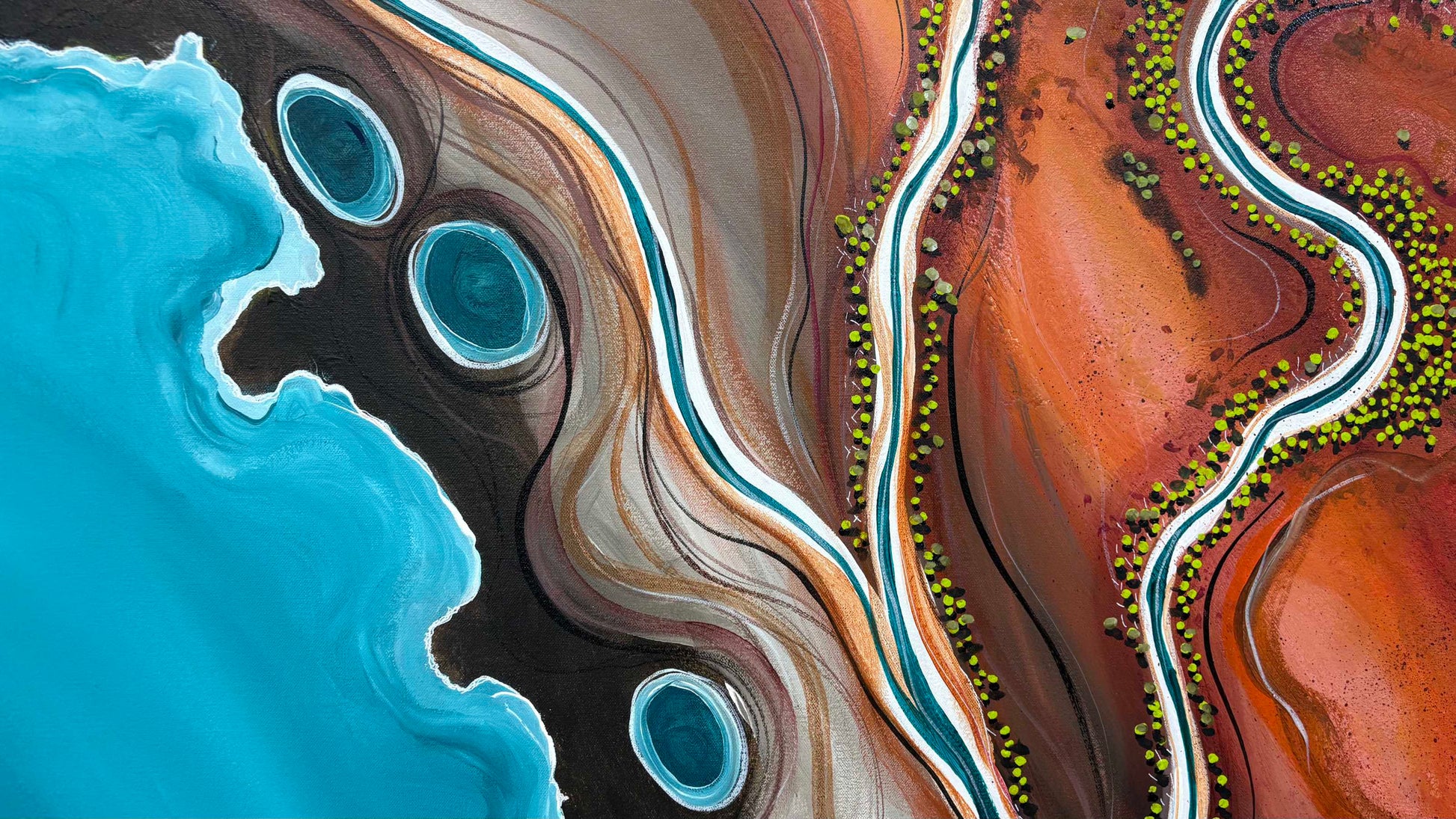 Layers, detail and texture on The Long Embrace by Australian artist Tania Chanter, textured, abstract aerial landscape, 150x120cm, acrylic on canvas.
