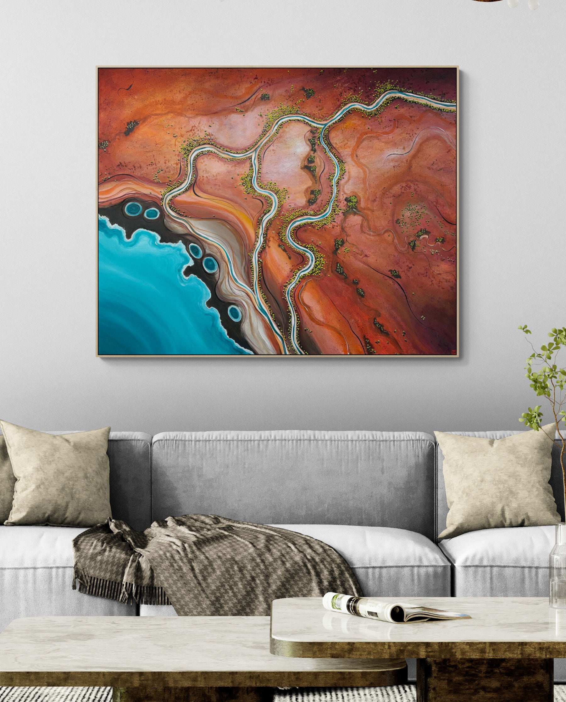 The Long Embrace by Australian artist Tania Chanter, textured, abstract aerial landscape, 150x120cm, acrylic on canvas.