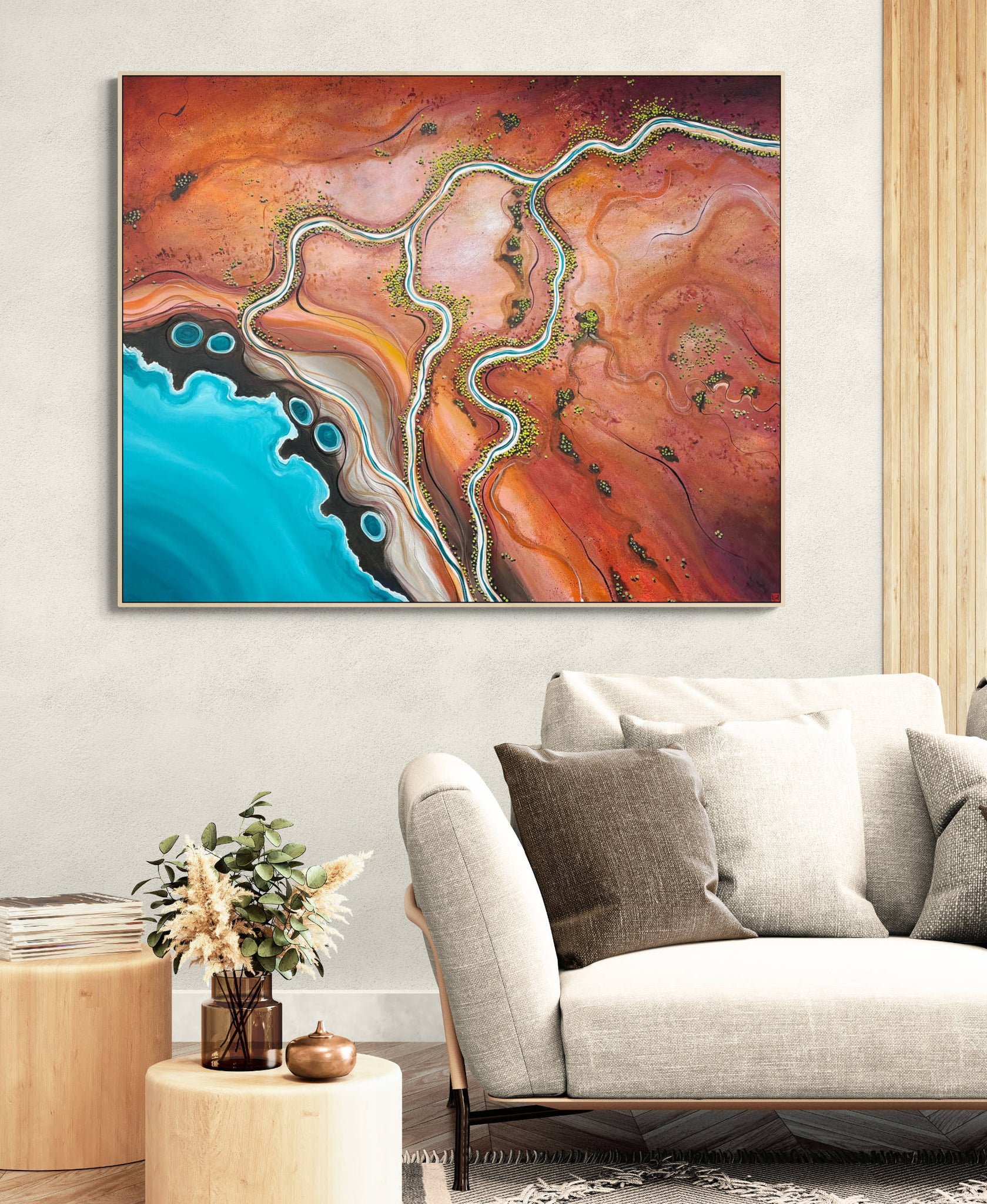 The Long Embrace by Australian artist Tania Chanter, textured, abstract aerial landscape, 150x120cm, acrylic on canvas.