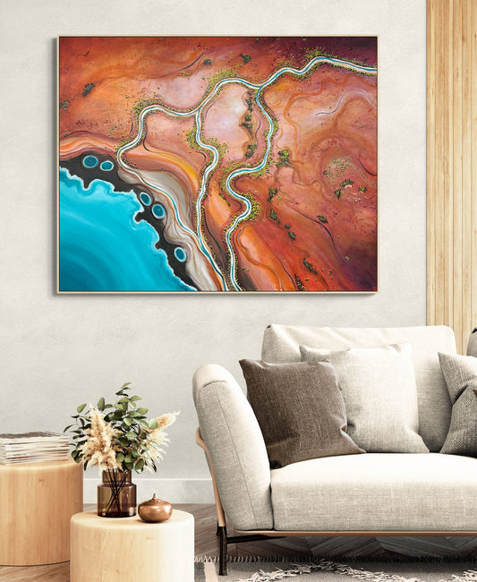 The Long Embrace by Australian artist Tania Chanter, textured, abstract aerial landscape, 150x120cm, acrylic on canvas.