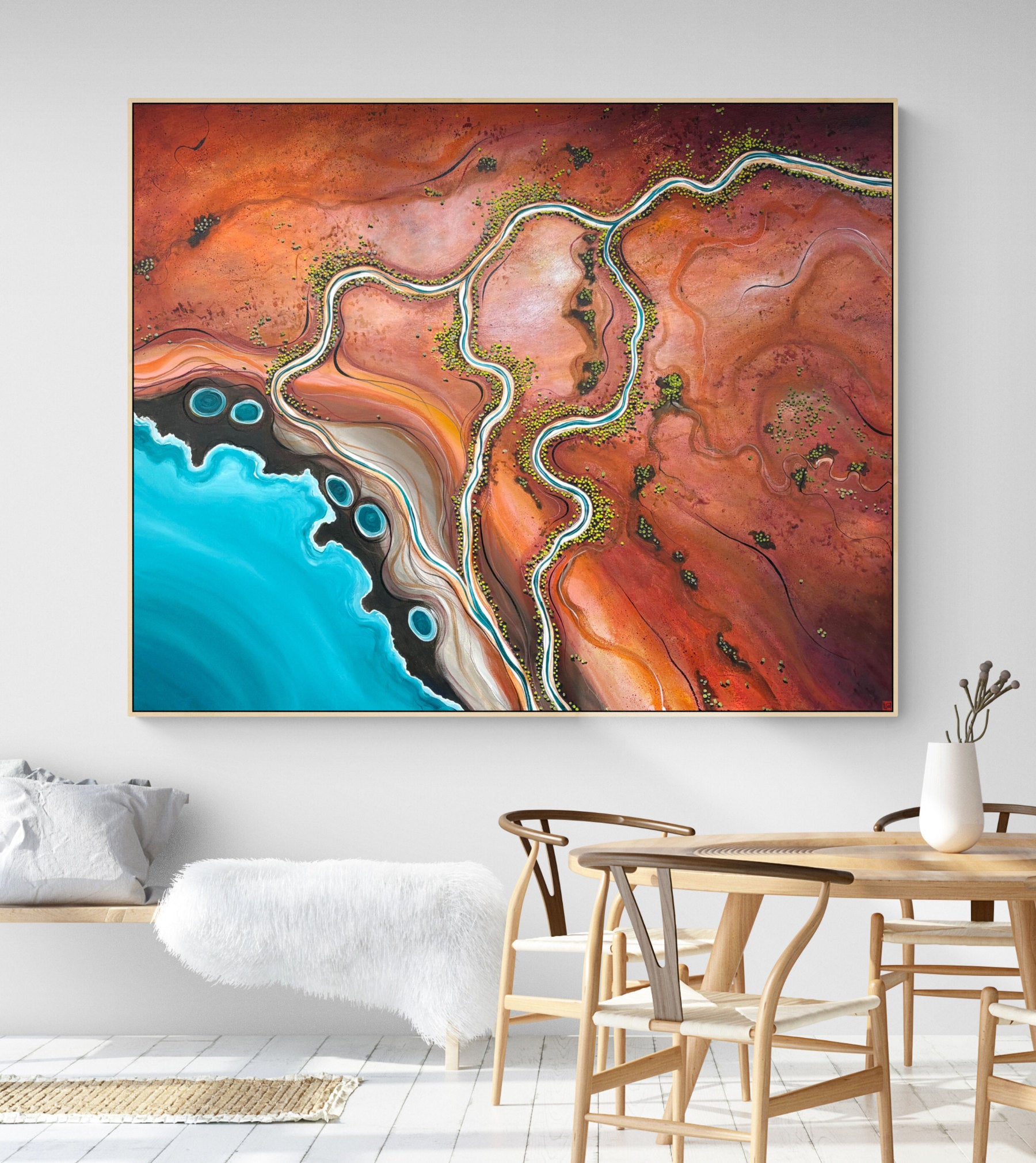 The Long Embrace by Australian artist Tania Chanter, textured, abstract aerial landscape, 150x120cm, acrylic on canvas.