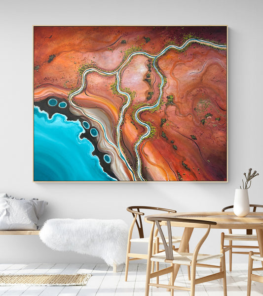 The Long Embrace by Australian artist Tania Chanter, textured, abstract aerial landscape, 150x120cm, acrylic on canvas.
