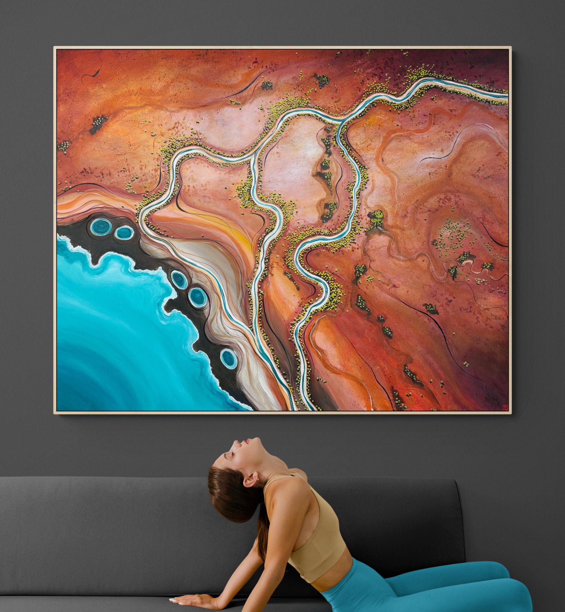 The Long Embrace by Australian artist Tania Chanter, textured, abstract aerial landscape, 150x120cm, acrylic on canvas.