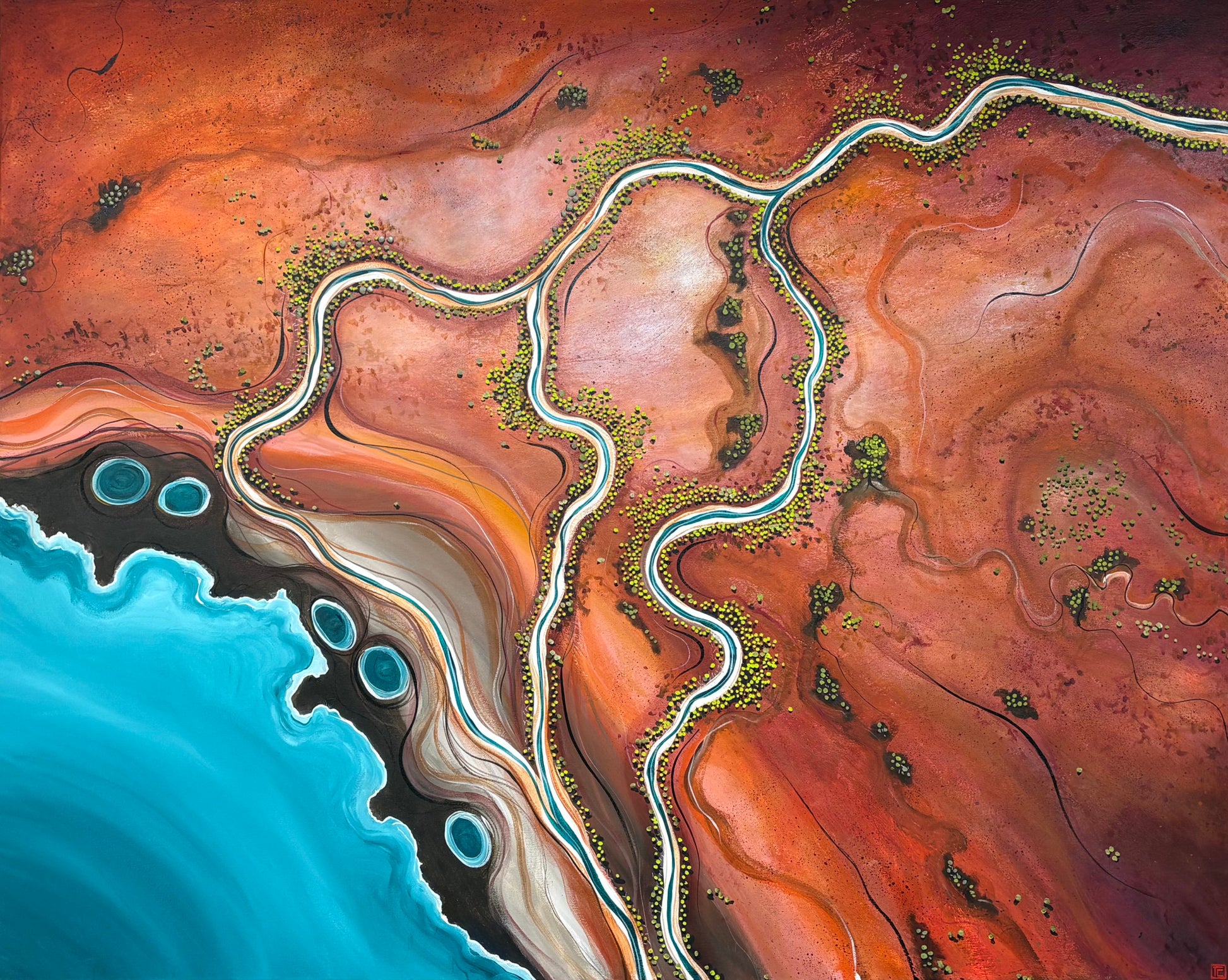 The Long Embrace by Australian artist Tania Chanter, textured, abstract aerial landscape, 150x120cm, acrylic on canvas.