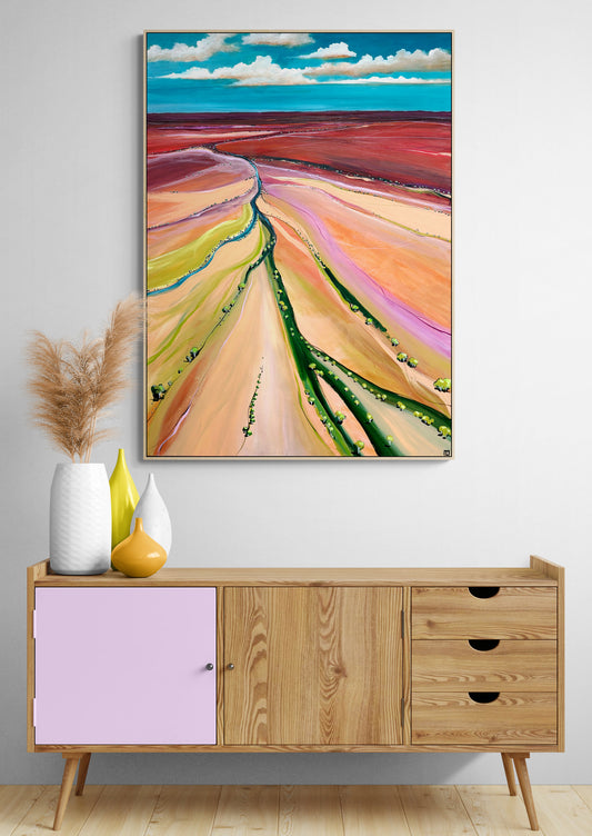 The Meeting Of Ways by Australian artist Tania Chanter, acrylic on canvas, 100x140cm, abstract landscape. 