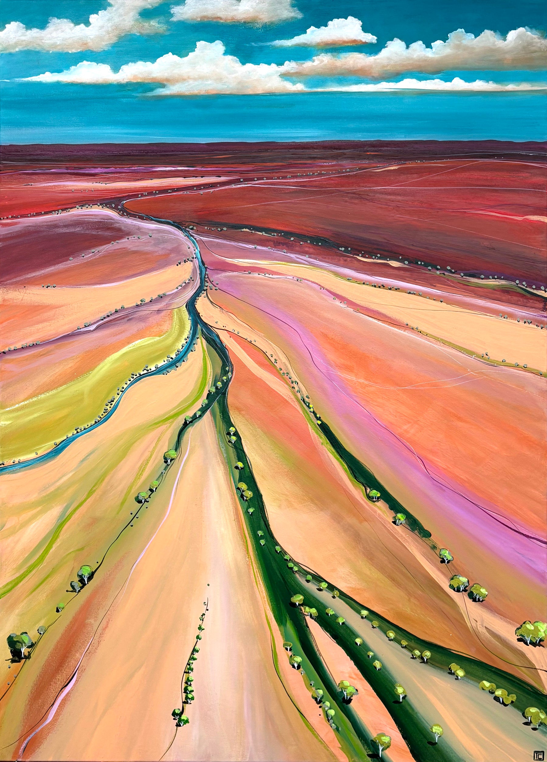 Colorful landscape painting of fields and a river