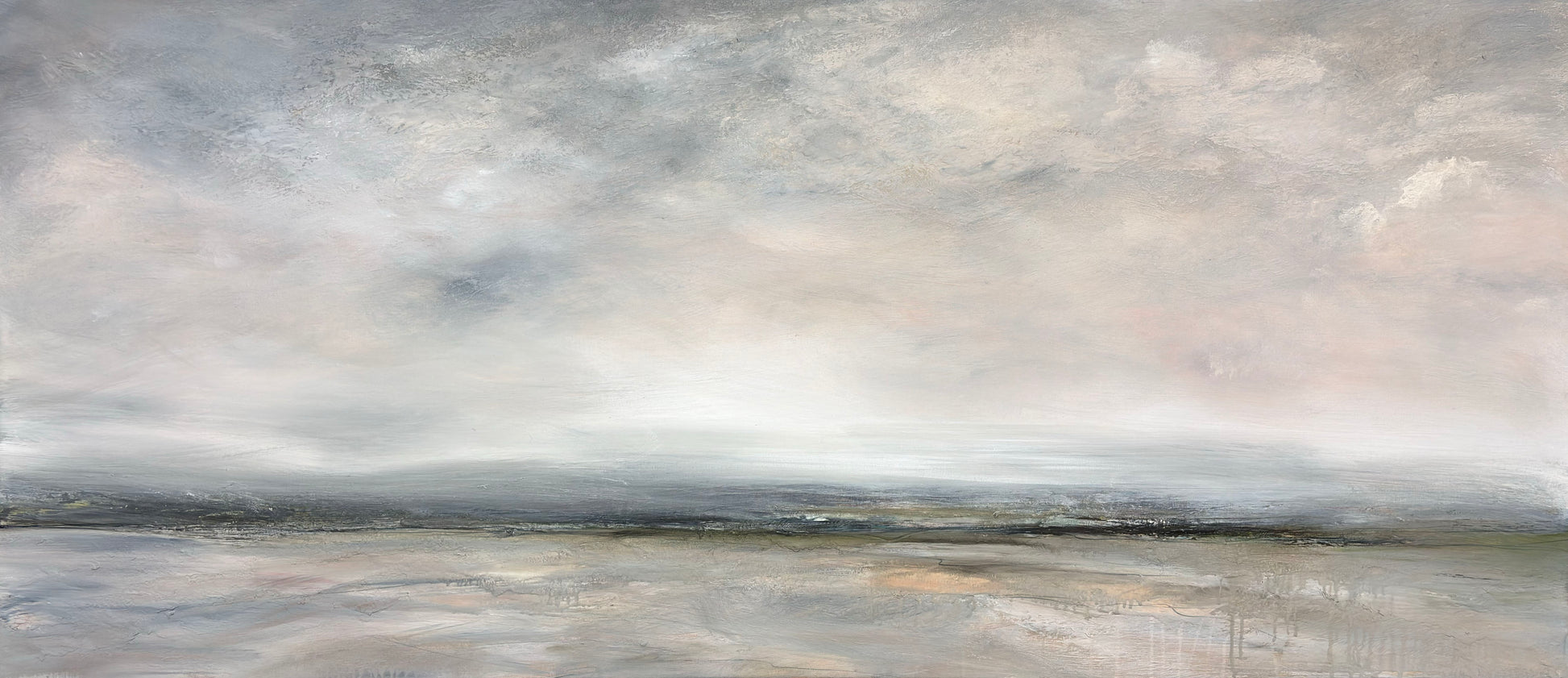 Clos cup of layers, detail and texture on The Mist Between Us by Australian artist Tania Chanter, original, acrylic on canvas, 160x70cm, impressionist abstract landscape painting.