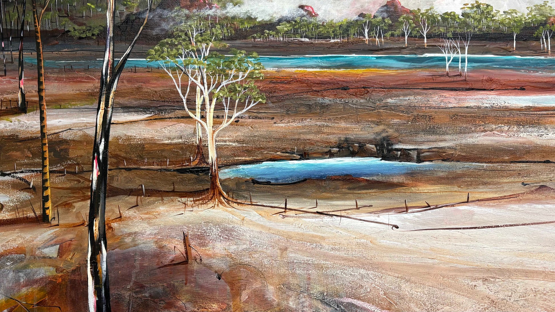 Close up of layers, detail and texture on The Places We Carry Within by Australian artist Tania Chanter, acrylic on canvas, 160x70cm, textured, Australian  abstract landscape. 