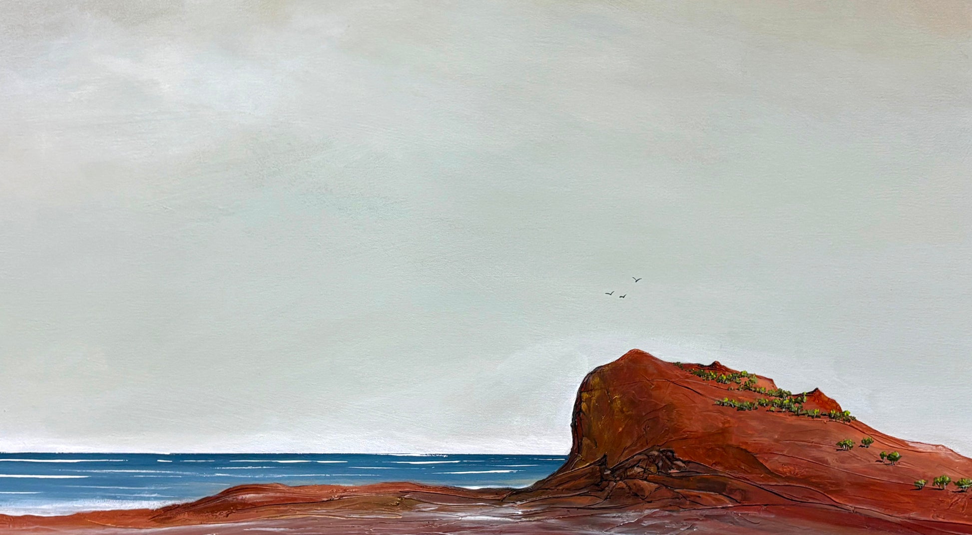 Close-up of textured acrylic layers in The Promise Beyond the Cliffs painting, showing warm autumn colours, soft clouds and atmospheric landscape details.