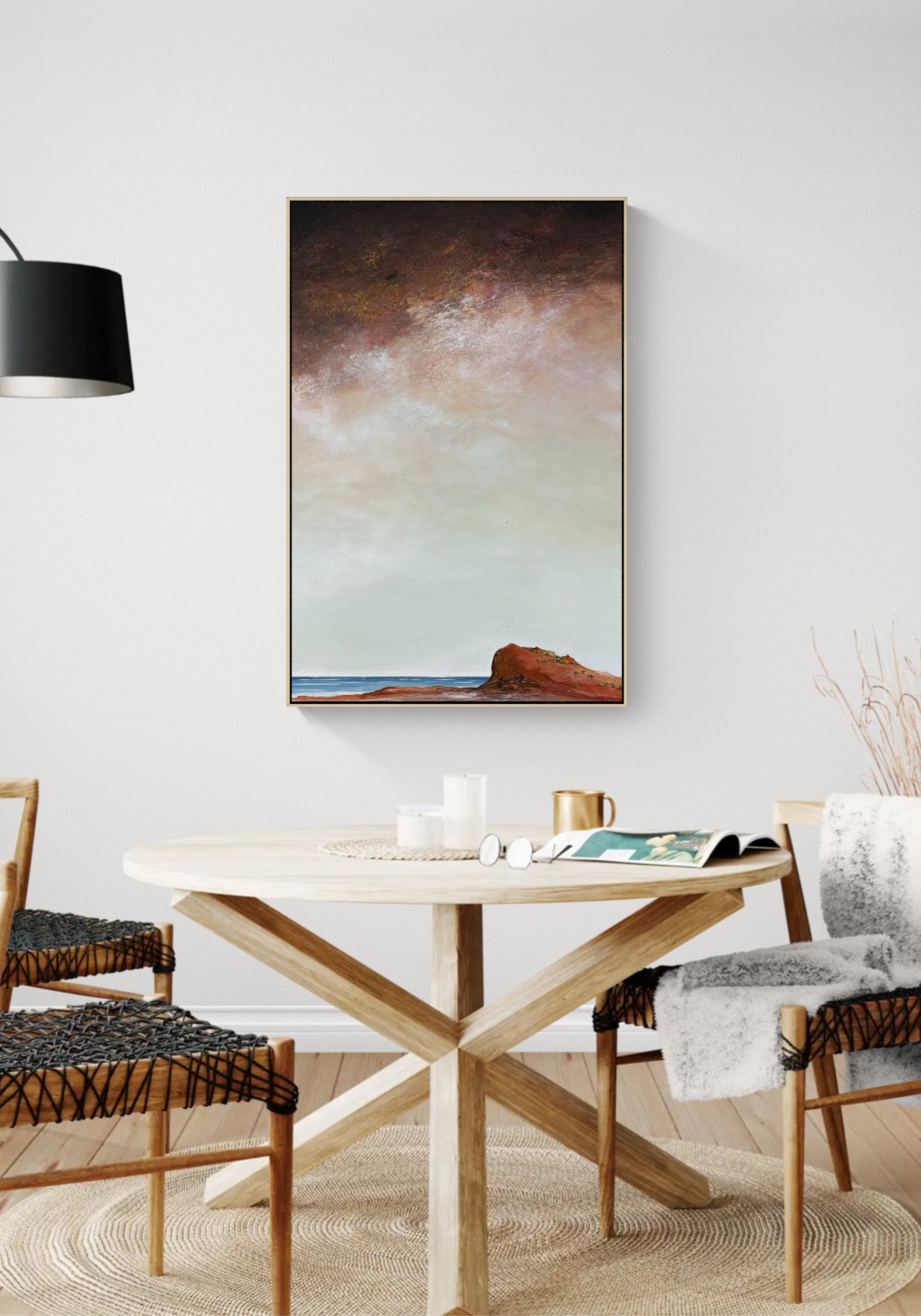Original abstract landscape painting The Promise Beyond the Cliffs by Australian artist Tania Chanter, featuring autumn skies, ocean cliffs, sea and birds in flight.