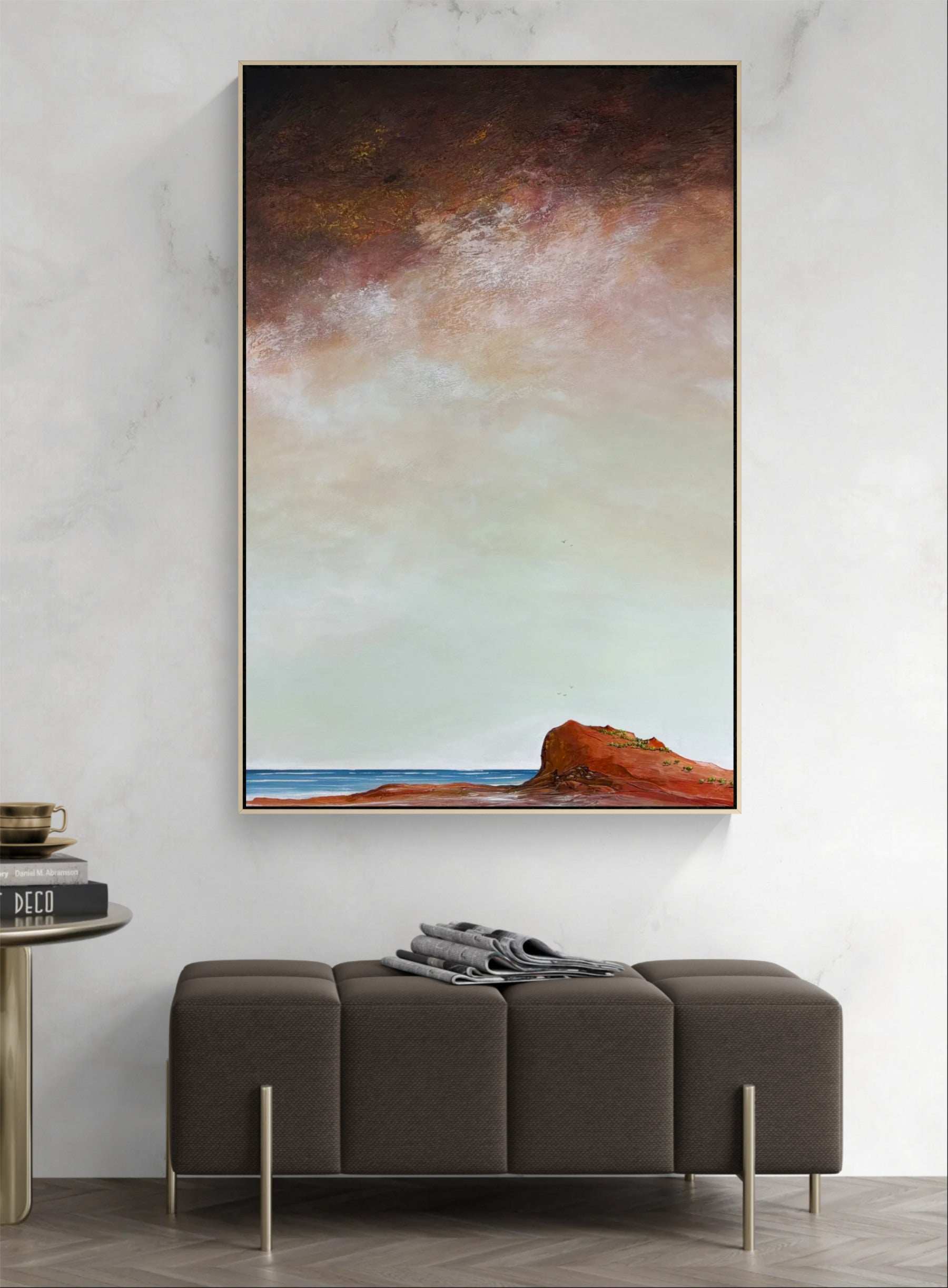 Original abstract landscape painting The Promise Beyond the Cliffs by Australian artist Tania Chanter, featuring autumn skies, ocean cliffs, sea and birds in flight.”