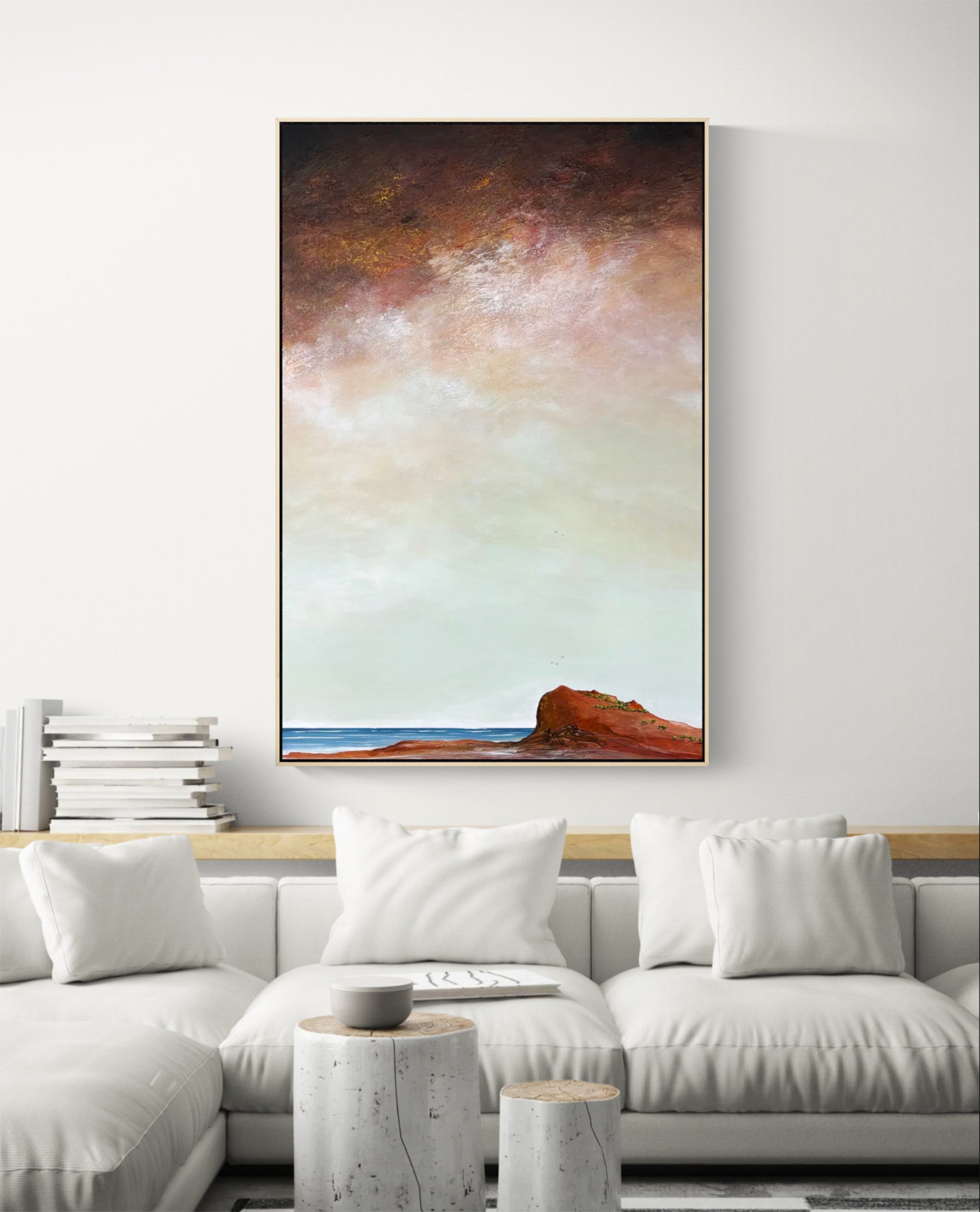 Abstract coastal landscape artwork The Promise Beyond the Cliffs displayed in a contemporary interior, bringing warmth and calm through autumn tones.
