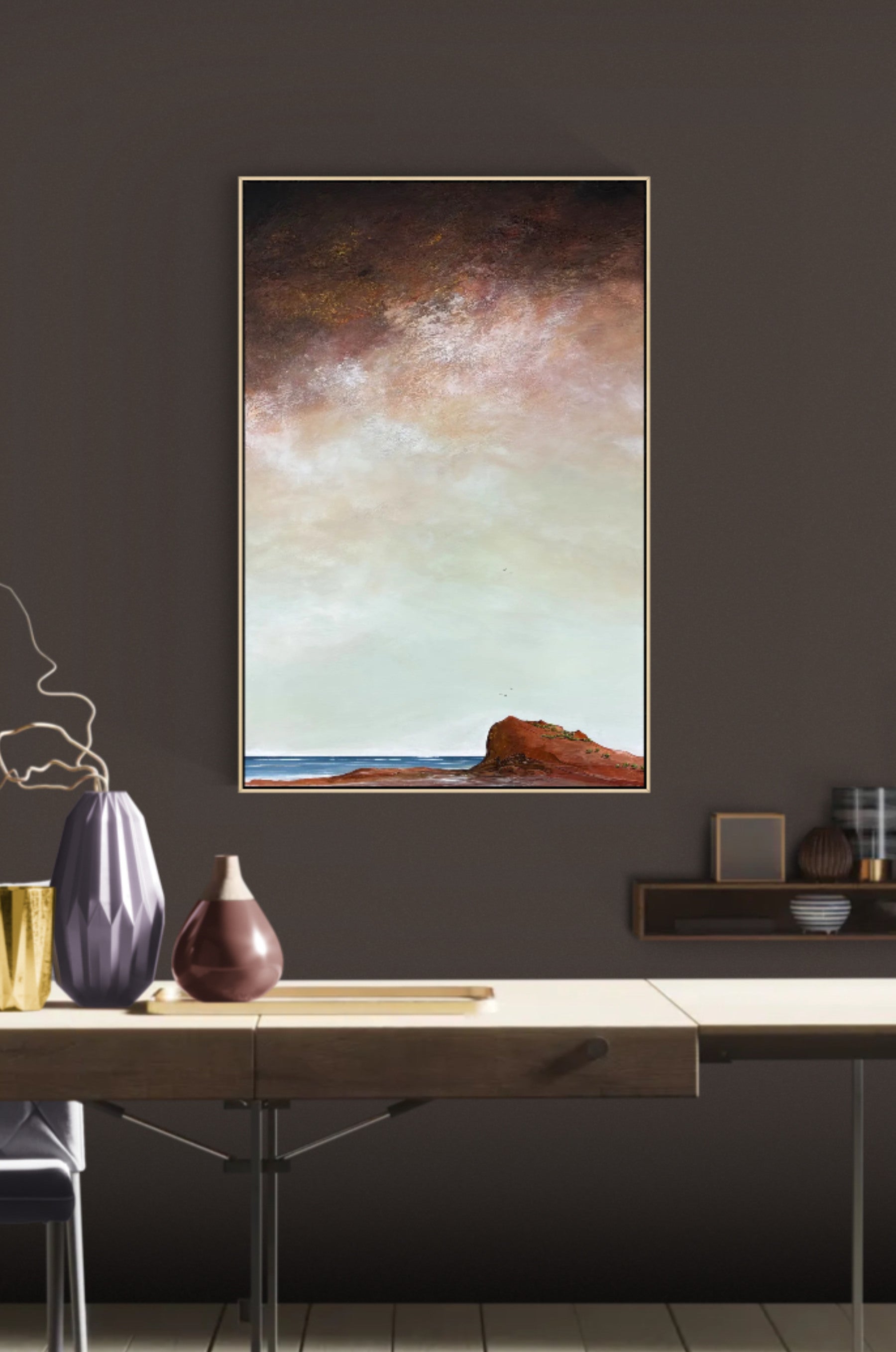 Original abstract landscape painting The Promise Beyond the Cliffs by Australian artist Tania Chanter, featuring autumn skies, ocean cliffs, sea and birds in flight.