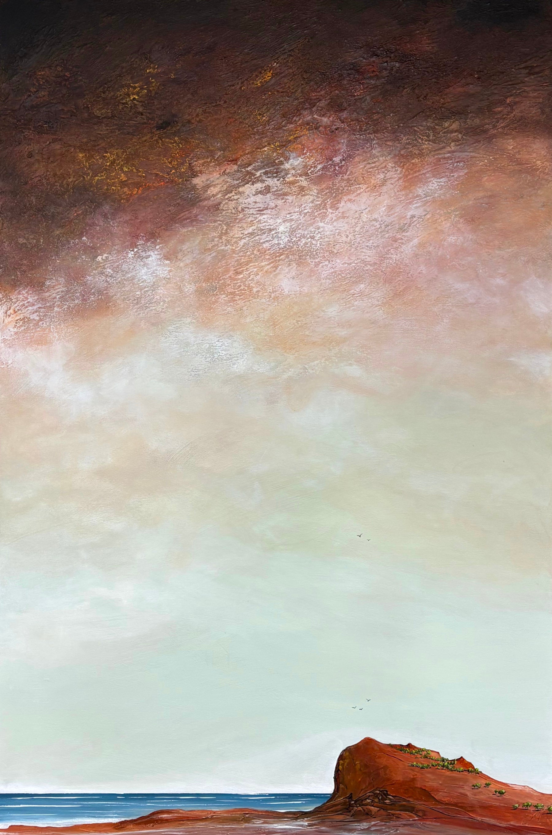 The Promise Beyond the Cliffs original abstract landscape painting by Tania Chanter, featuring autumn skies, ocean cliffs, birds and warm earthy tones.