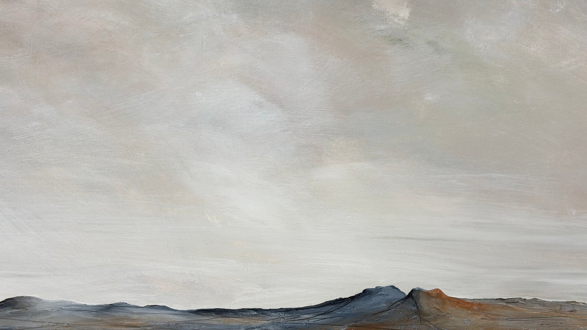 Close up of layers detail and texture on The Quiet Breath Of Distance by Australian artist Tania Chanter, original, textured abstract cloudscape, acrylic on canvas, 180x90cm.